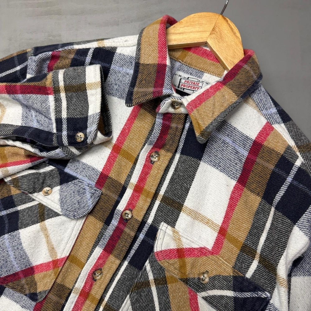 Vintage Private Property Plaid Flannel‎ Shirt Button Up Retro Multicolor Tan XL